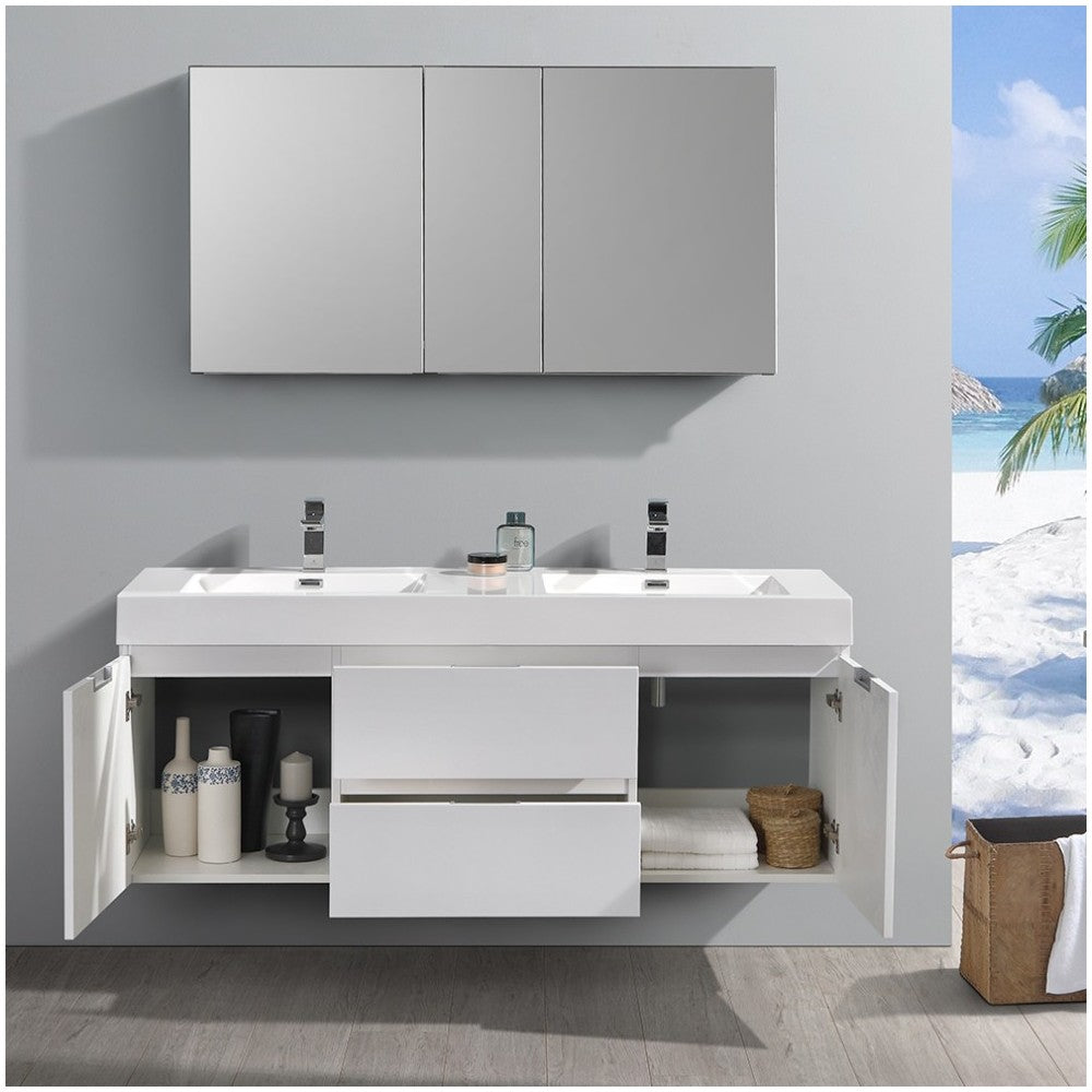 60 White Wall Hung Double Sink Modern Bathroom Vanity w/ Medicine Cabinet