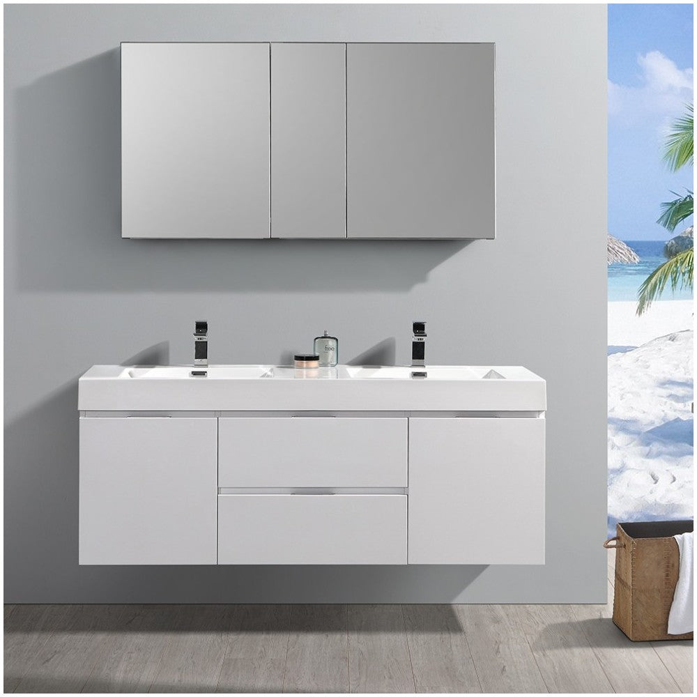 60 White Wall Hung Double Sink Modern Bathroom Vanity w/ Medicine Cabinet