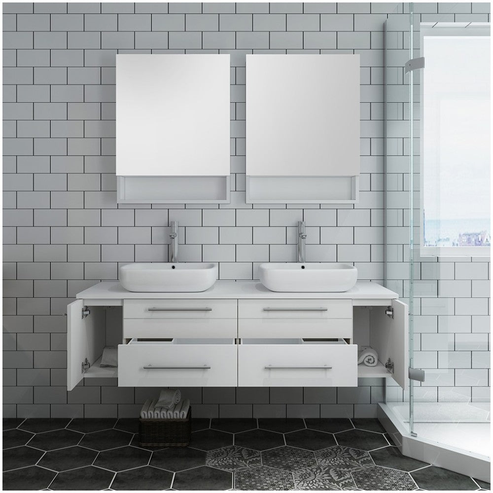 60 White Wall Hung Double Vessel Sink Bathroom Vanity w/ Medicine Cabinets