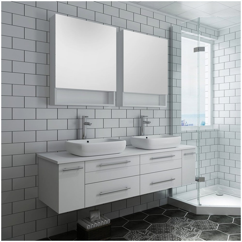 60 White Wall Hung Double Vessel Sink Bathroom Vanity w/ Medicine Cabinets