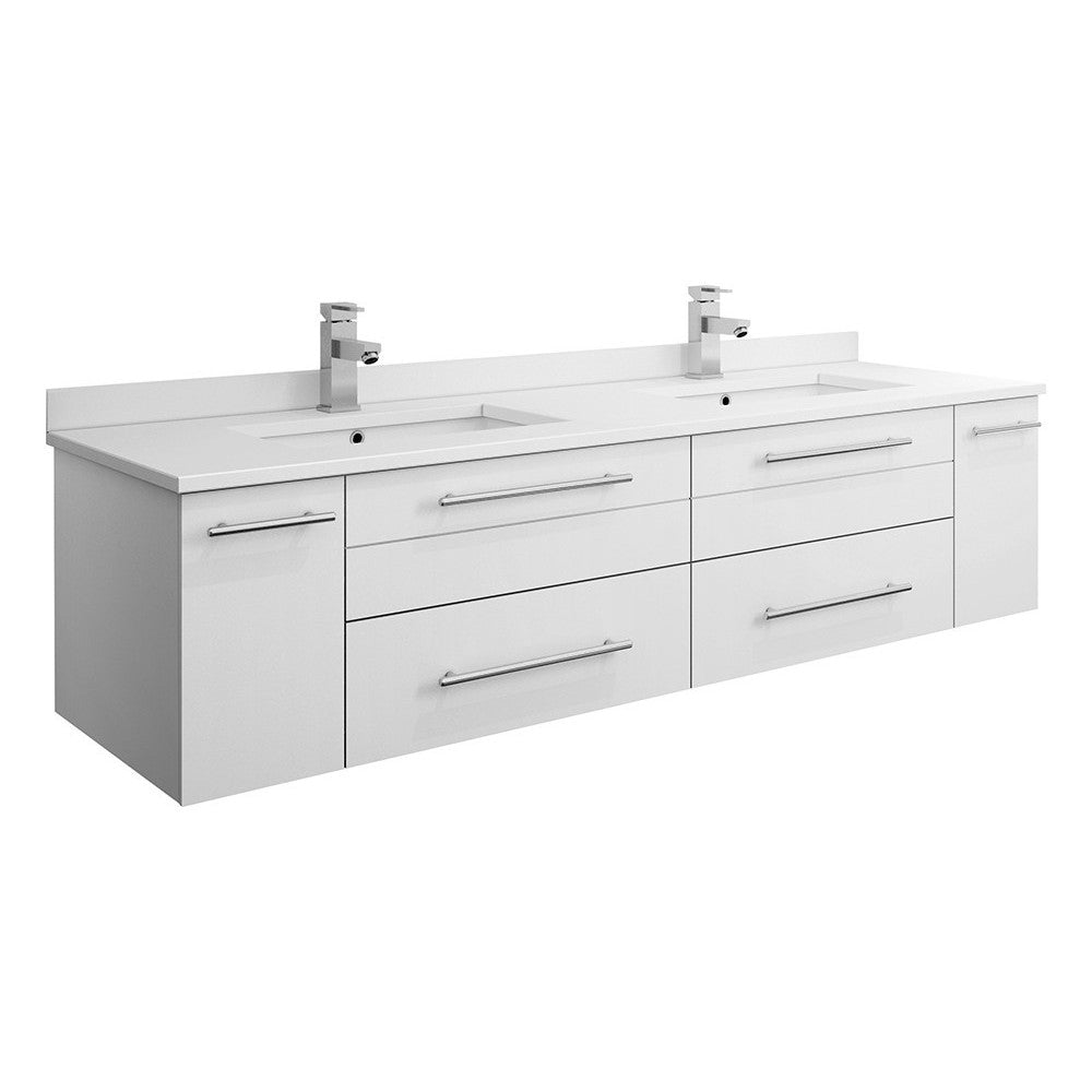 60 White Wall Hung Modern Bathroom Cabinet w/ Top, Double Undermount Sinks