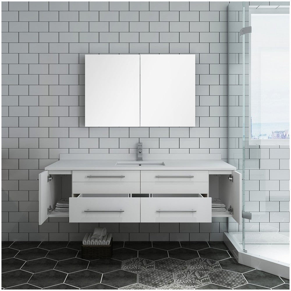 60 White Wall Hung Single Undermount Sink Bathroom Vanity w/ Medicine Cabinet