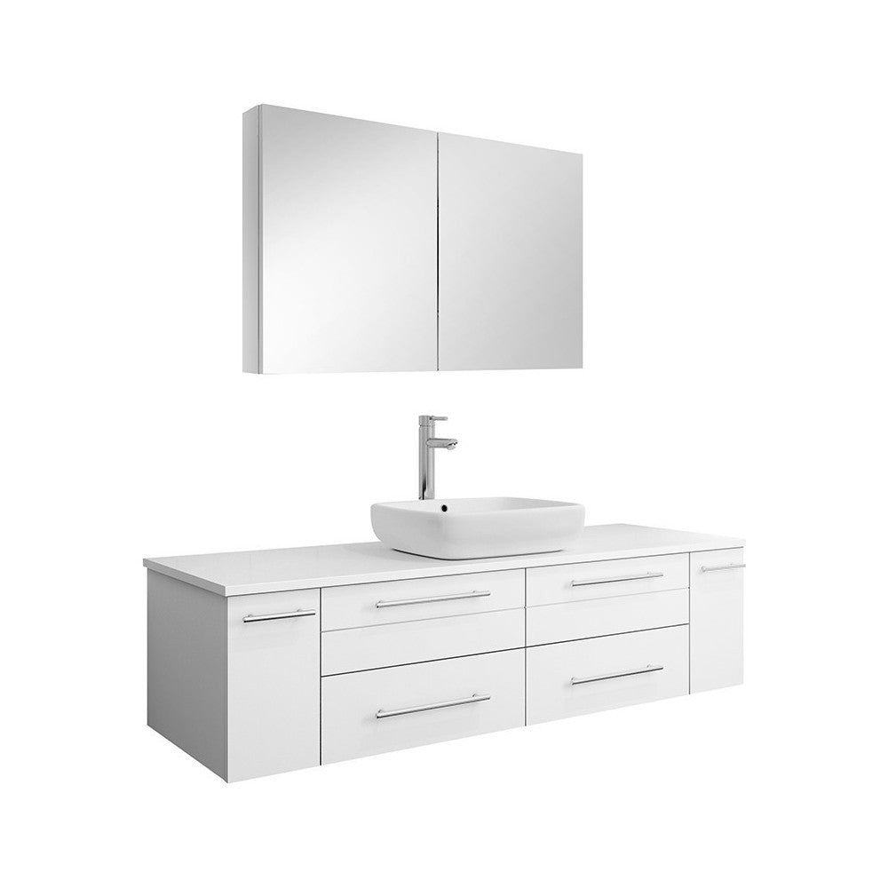 60 White Wall Hung Single Vessel Sink Modern Bathroom Vanity w/ Medicine Cabinet