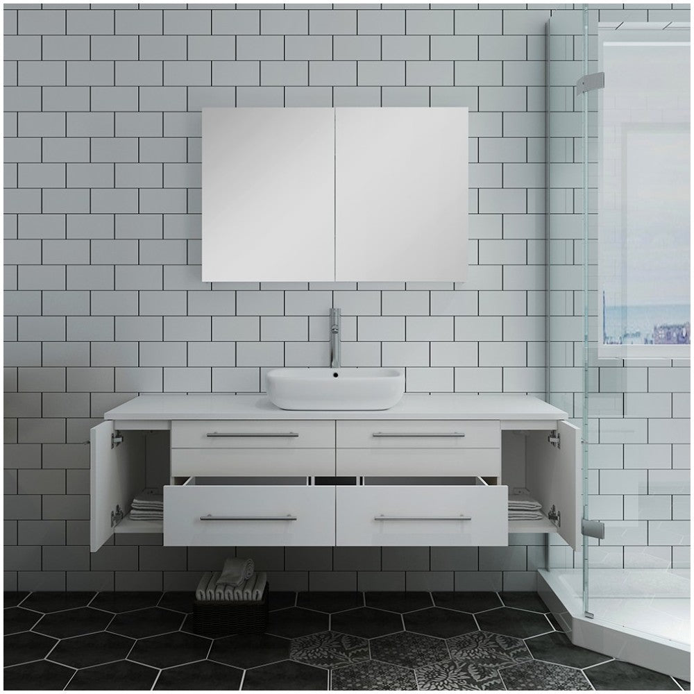 60 White Wall Hung Single Vessel Sink Modern Bathroom Vanity w/ Medicine Cabinet