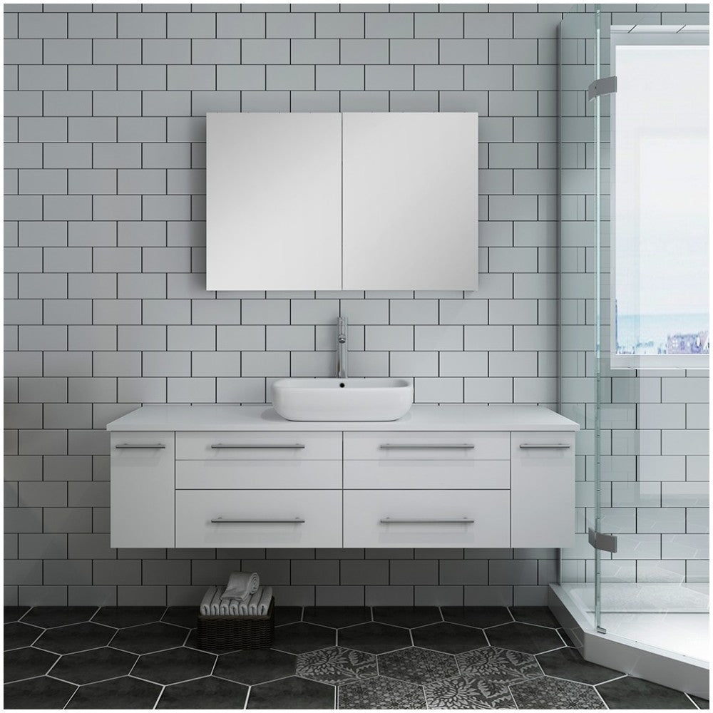 60 White Wall Hung Single Vessel Sink Modern Bathroom Vanity w/ Medicine Cabinet