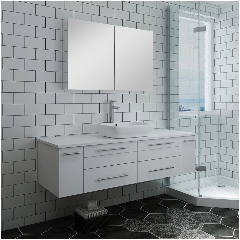 60 White Wall Hung Single Vessel Sink Modern Bathroom Vanity w/ Medicine Cabinet