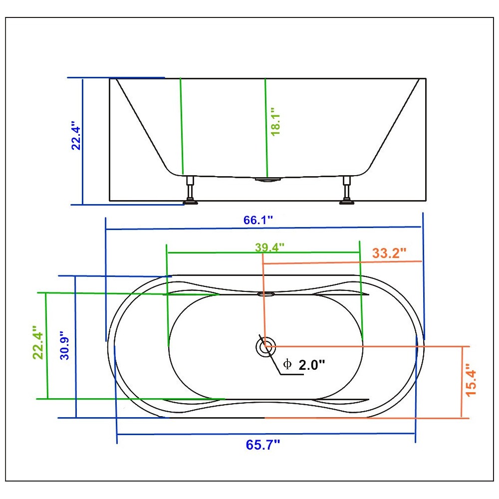 66" White Acrylic Tub - No Faucet