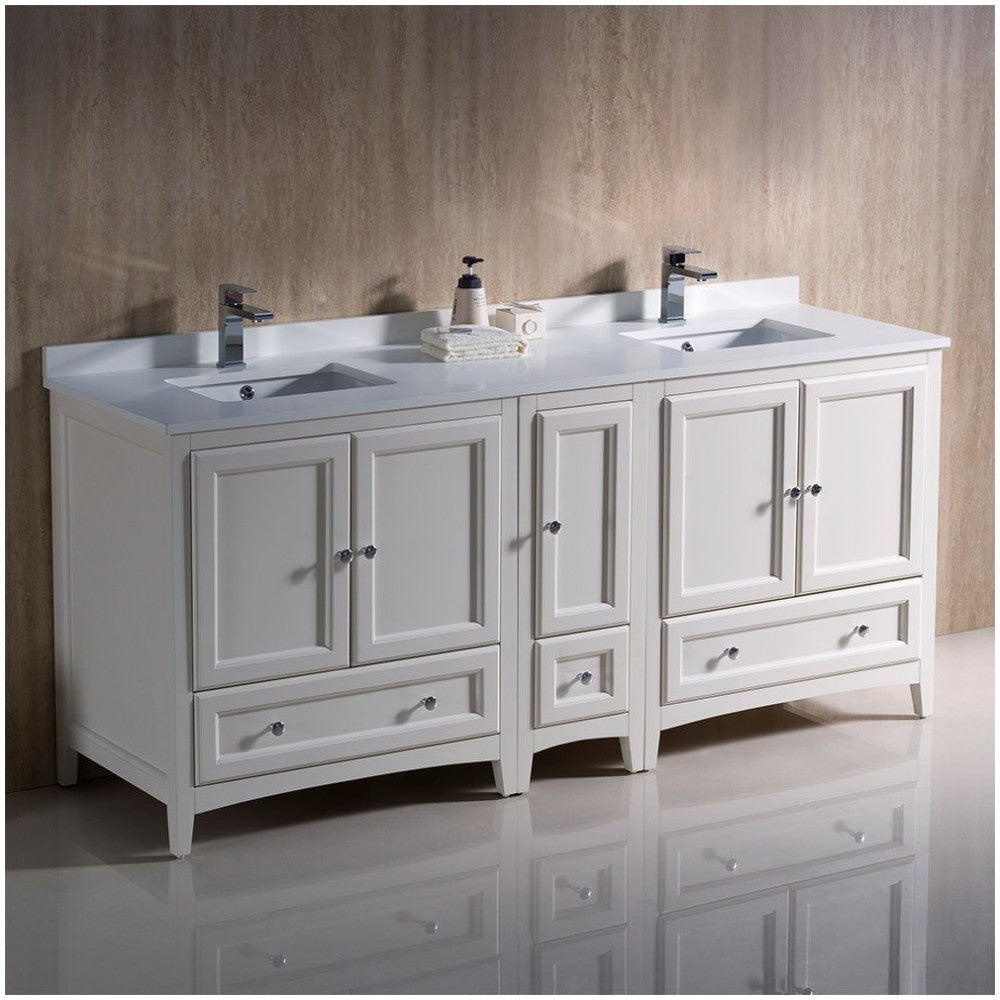 72 Antique White Traditional Dbl Sink Bathroom Cabinets, Top, Sinks, FCB20