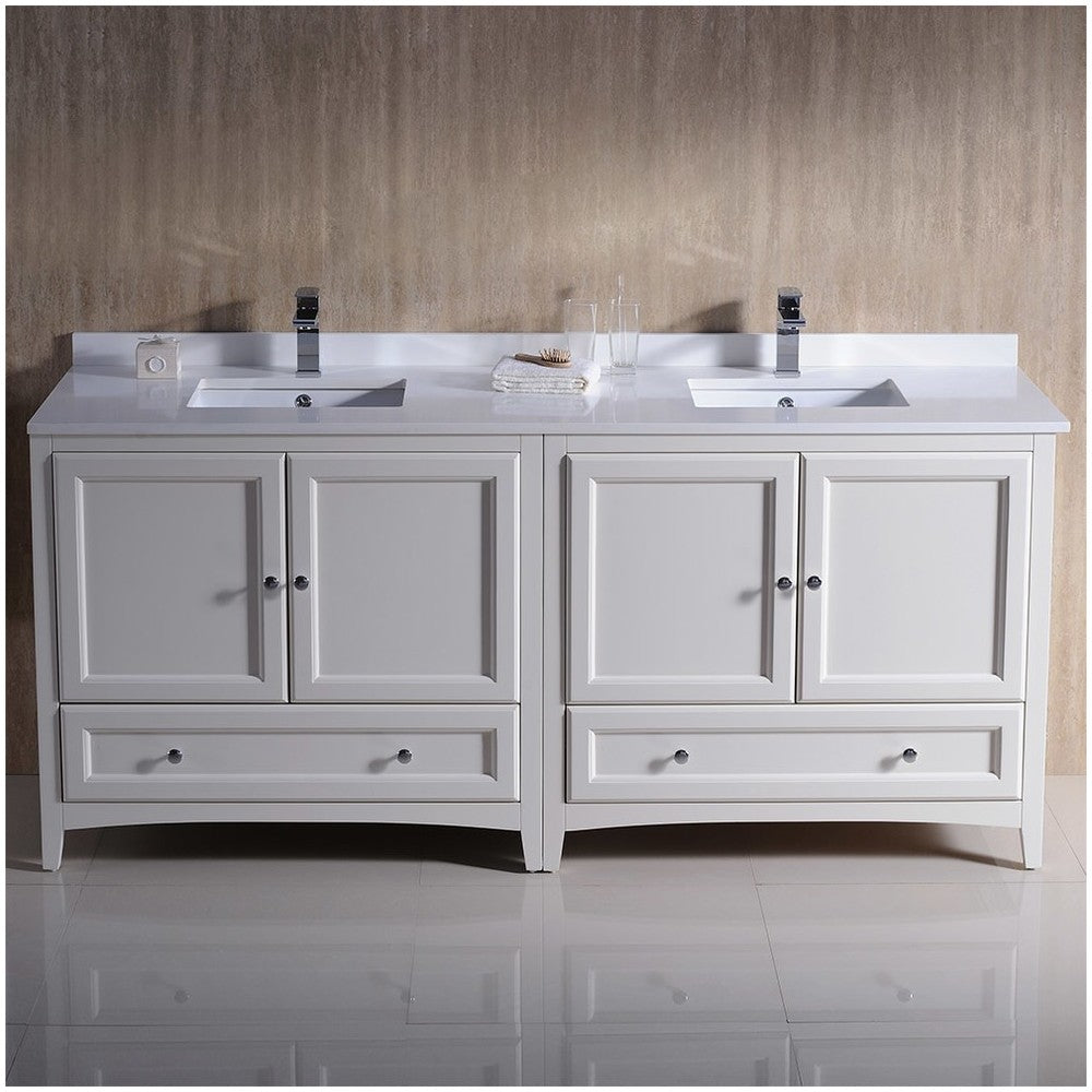 72 Antique White Traditional Dbl Sink Bathroom Cabinets, Top, Sinks
