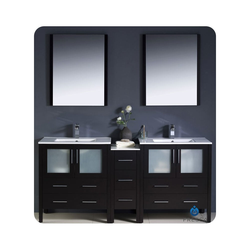 72 Espresso Double Sink Bathroom Vanity w/ Side Cabinet & Integrated Sinks