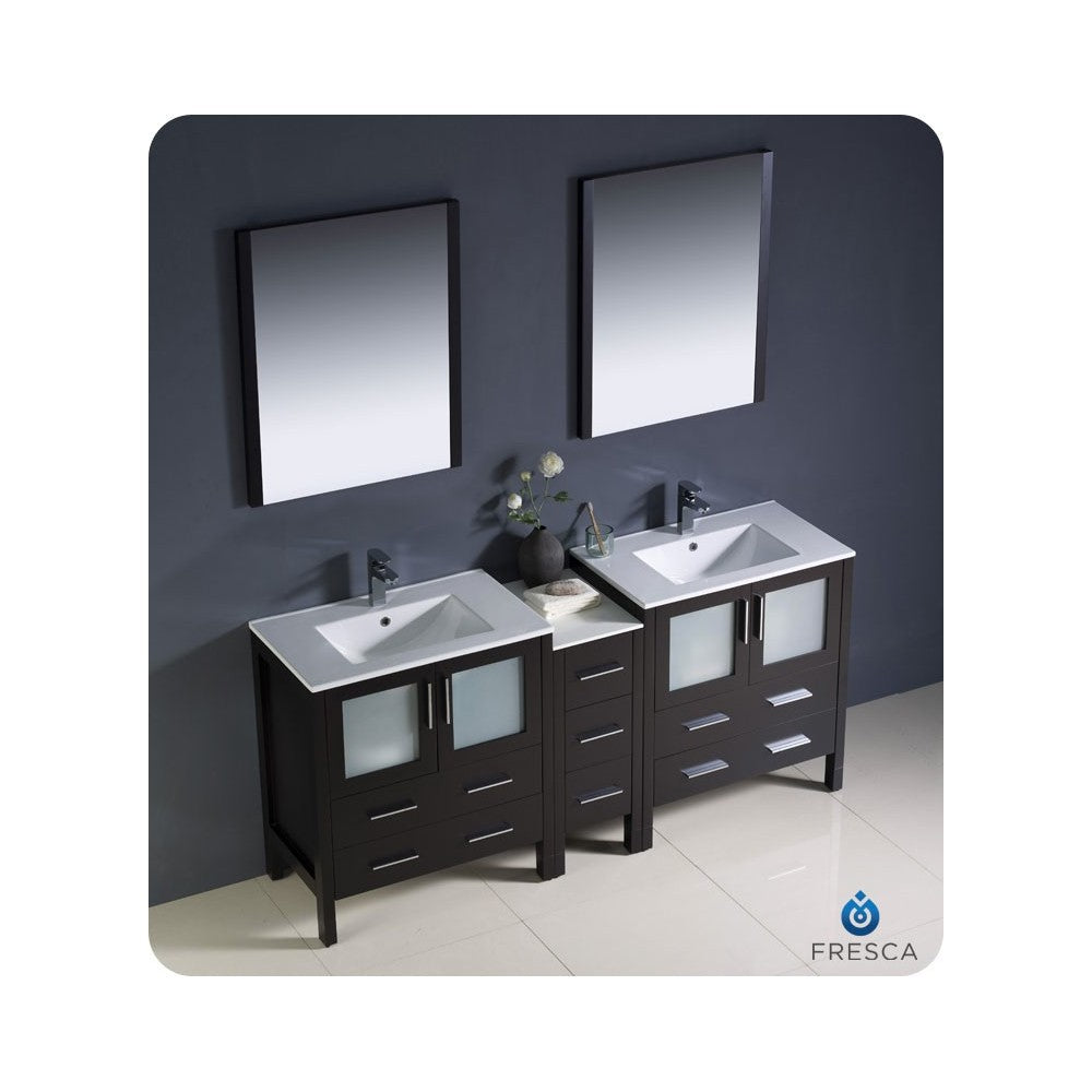 72 Espresso Double Sink Bathroom Vanity w/ Side Cabinet & Integrated Sinks