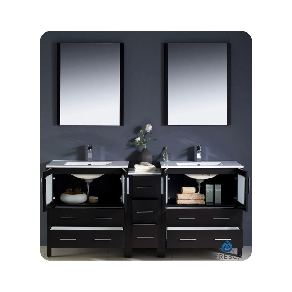 72 Espresso Double Sink Bathroom Vanity w/ Side Cabinet & Integrated Sinks