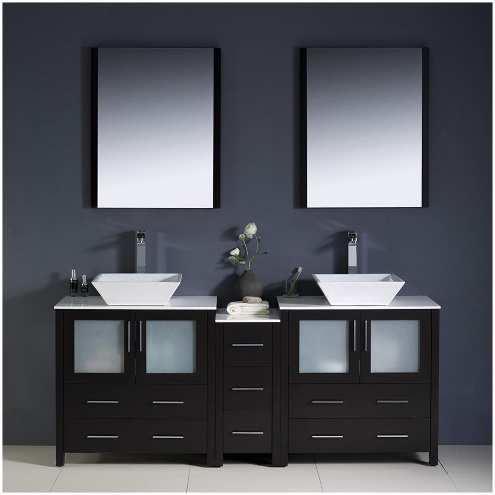 72 Espresso Modern Double Sink Bathroom Vanity w/ Side Cabinet & Vessel Sinks