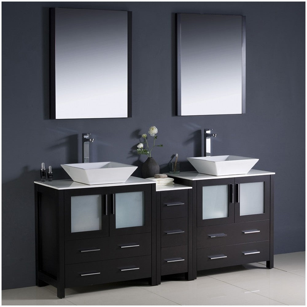 72 Espresso Modern Double Sink Bathroom Vanity w/ Side Cabinet & Vessel Sinks