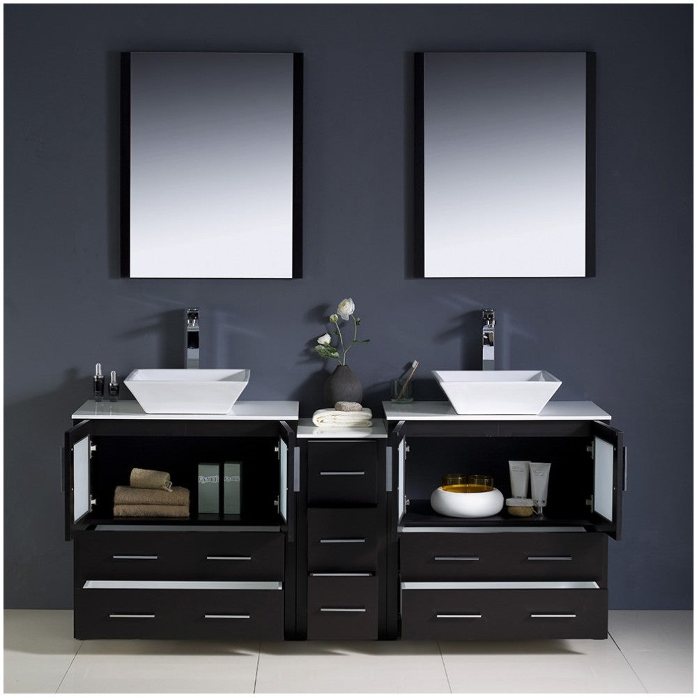 72 Espresso Modern Double Sink Bathroom Vanity w/ Side Cabinet & Vessel Sinks