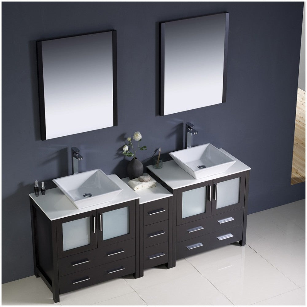 72 Espresso Modern Double Sink Bathroom Vanity w/ Side Cabinet & Vessel Sinks