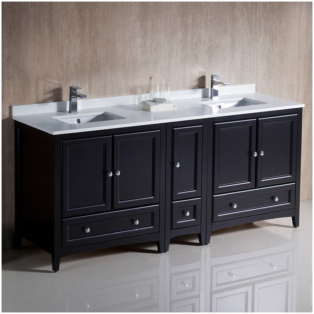 72 Espresso Traditional Dbl Sink Bathroom Cabinets, Top, Sinks, FCB20