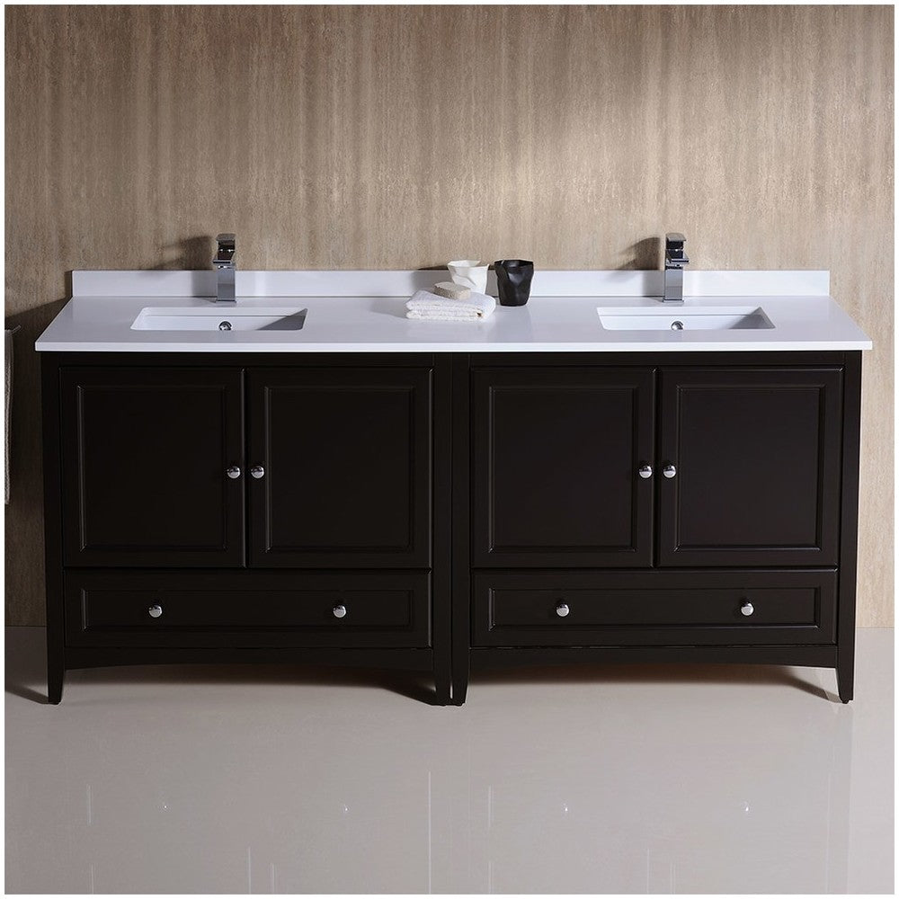 72 Espresso Traditional Dbl Sink Bathroom Cabinets, Top, Sinks