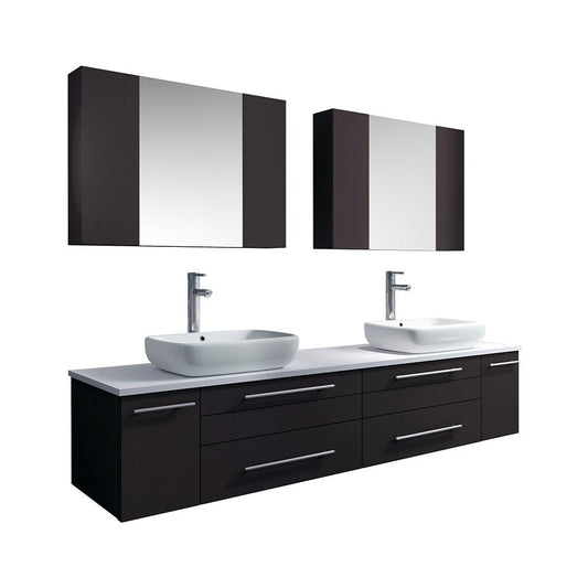 72 Espresso Wall Hung Double Vessel Sink Bathroom Vanity w/ Medicine Cabinets