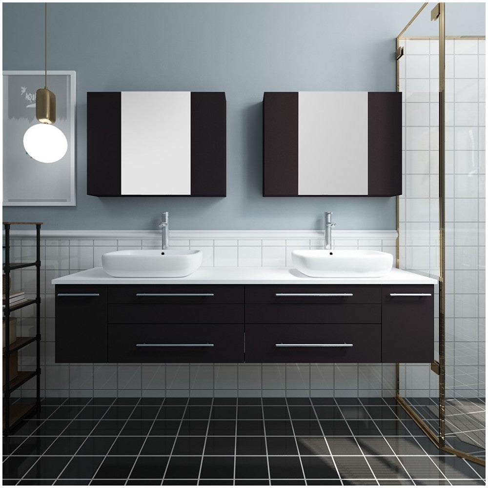 72 Espresso Wall Hung Double Vessel Sink Bathroom Vanity w/ Medicine Cabinets