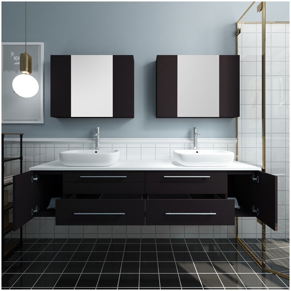 72 Espresso Wall Hung Double Vessel Sink Bathroom Vanity w/ Medicine Cabinets