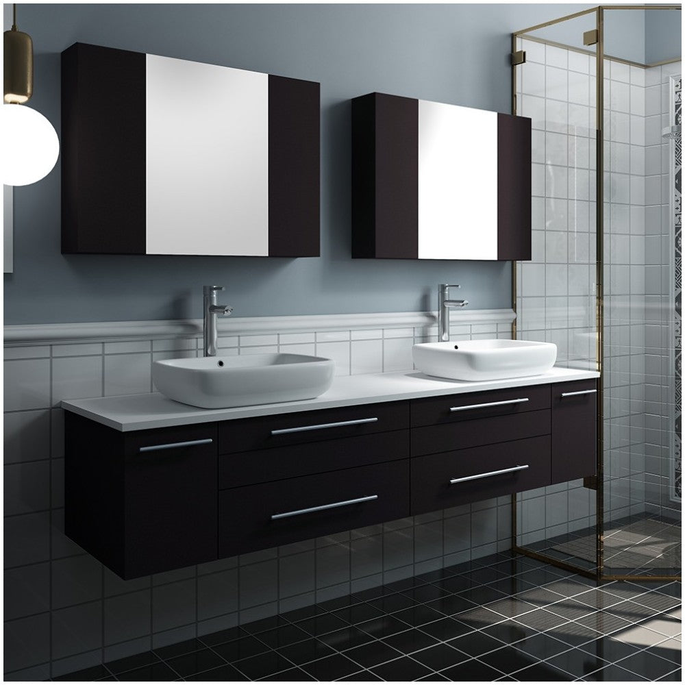 72 Espresso Wall Hung Double Vessel Sink Bathroom Vanity w/ Medicine Cabinets