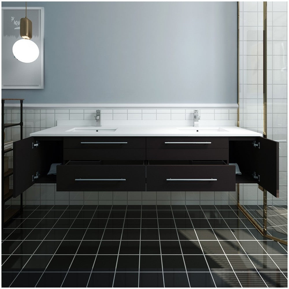 72 Espresso Wall Hung Modern Bathroom Cabinet w/ Top & Double Undermount Sinks