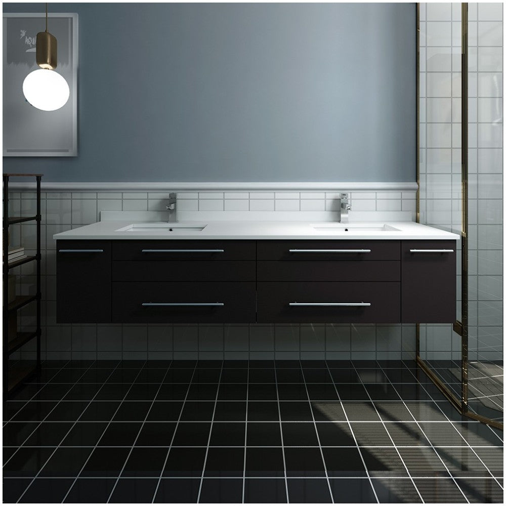 72 Espresso Wall Hung Modern Bathroom Cabinet w/ Top & Double Undermount Sinks