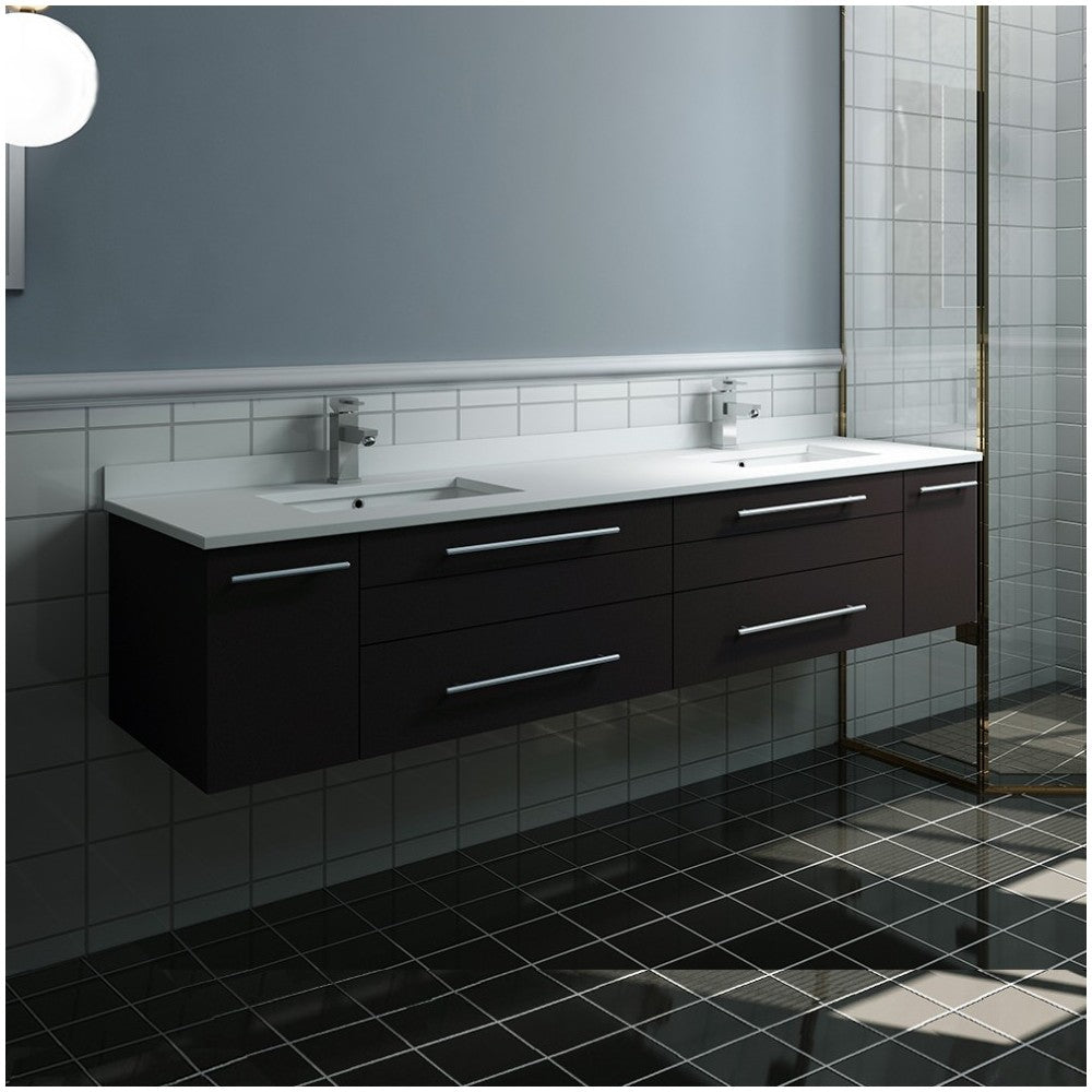 72 Espresso Wall Hung Modern Bathroom Cabinet w/ Top & Double Undermount Sinks