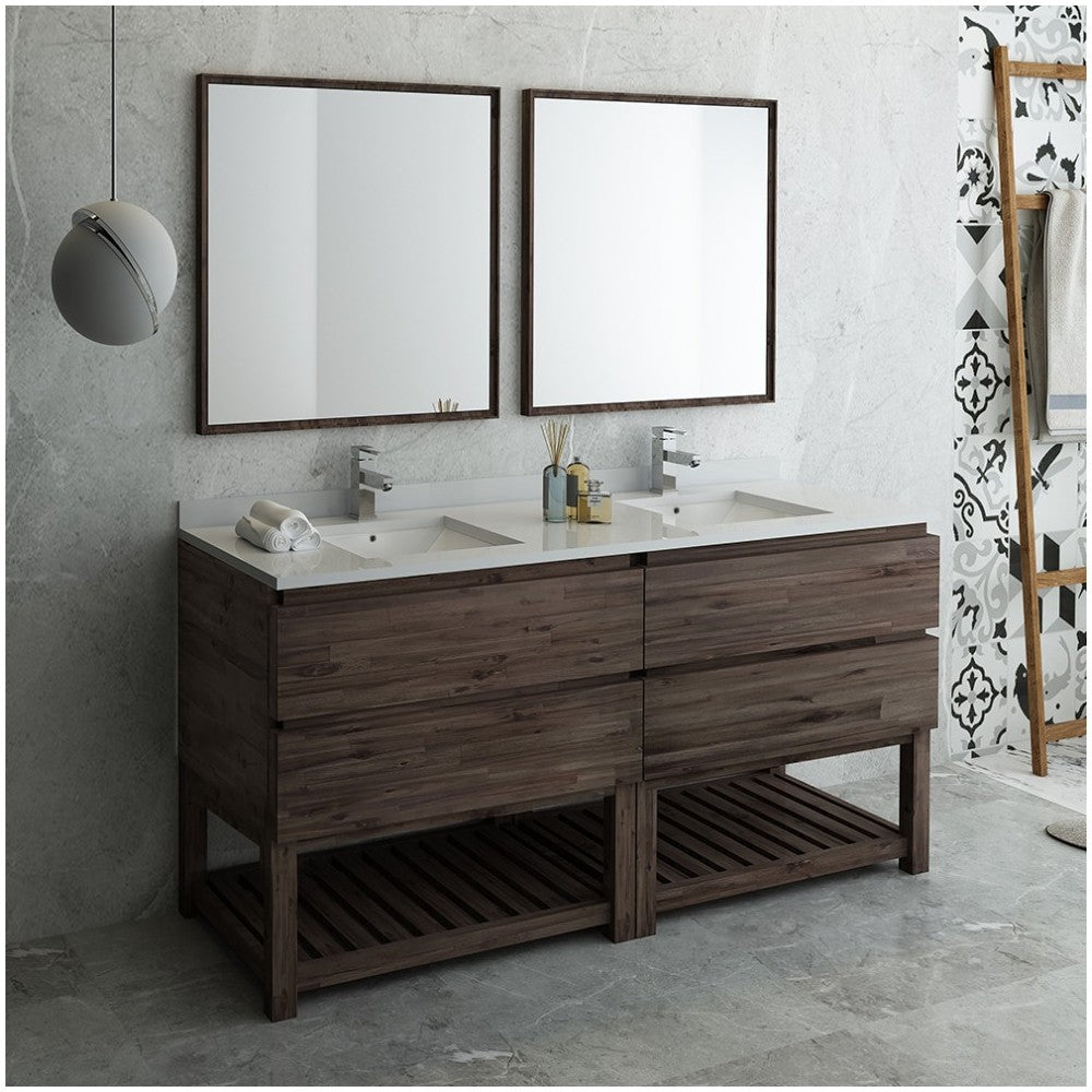 72 Floor Standing Dbl Sink Bathroom Vanity, Open Bottom, Mirrors, Wood