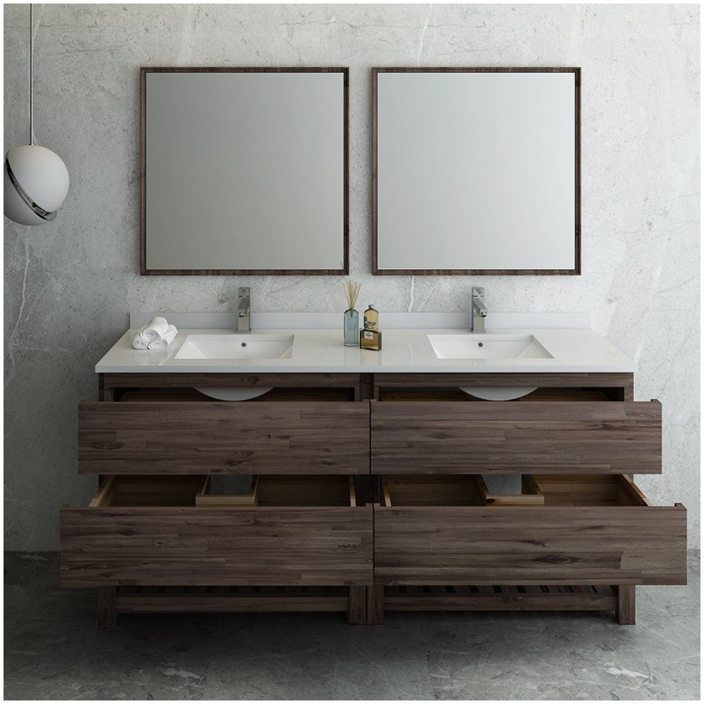 72 Floor Standing Dbl Sink Bathroom Vanity, Open Bottom, Mirrors, Wood