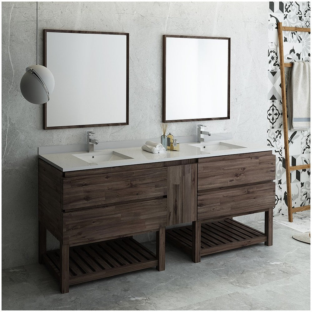 72 Floor Standing Double Sink Modern Bathroom Vanity w/ Open Bottom & Mirrors