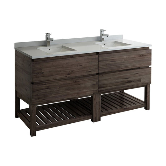 72 Floor Standing Open Bottom Dbl Sink Bathroom Cabinet, Top, Sinks, Acacia Wood