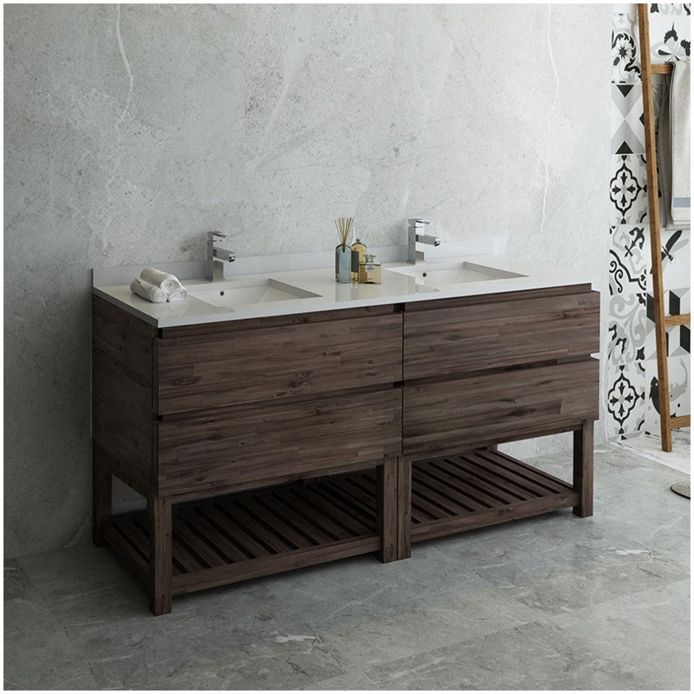 72 Floor Standing Open Bottom Dbl Sink Bathroom Cabinet, Top, Sinks, Acacia Wood