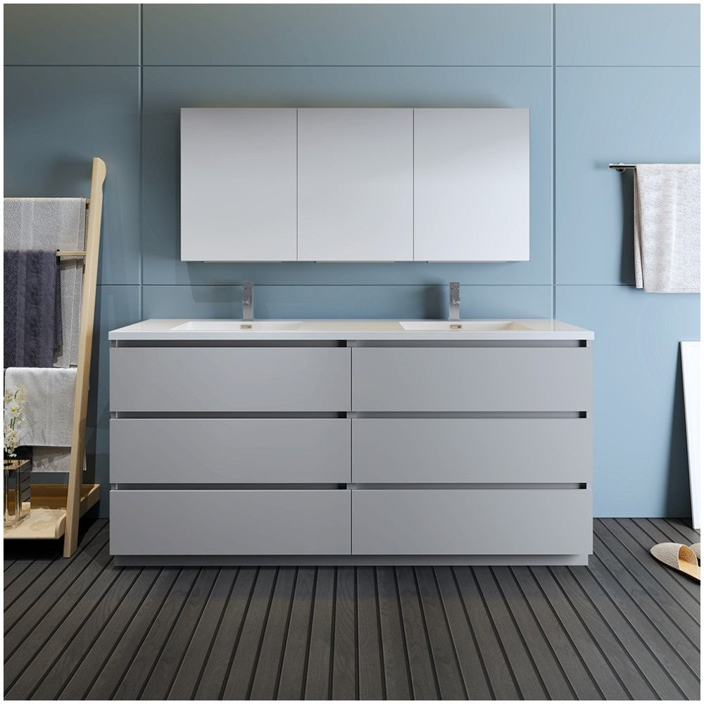 72 Gray Free Standing Dbl Sink Bathroom Vanity, Medicine Cabinet, FVN93-3636GR-D