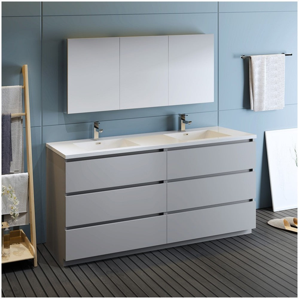 72 Gray Free Standing Dbl Sink Bathroom Vanity, Medicine Cabinet, FVN93-3636GR-D