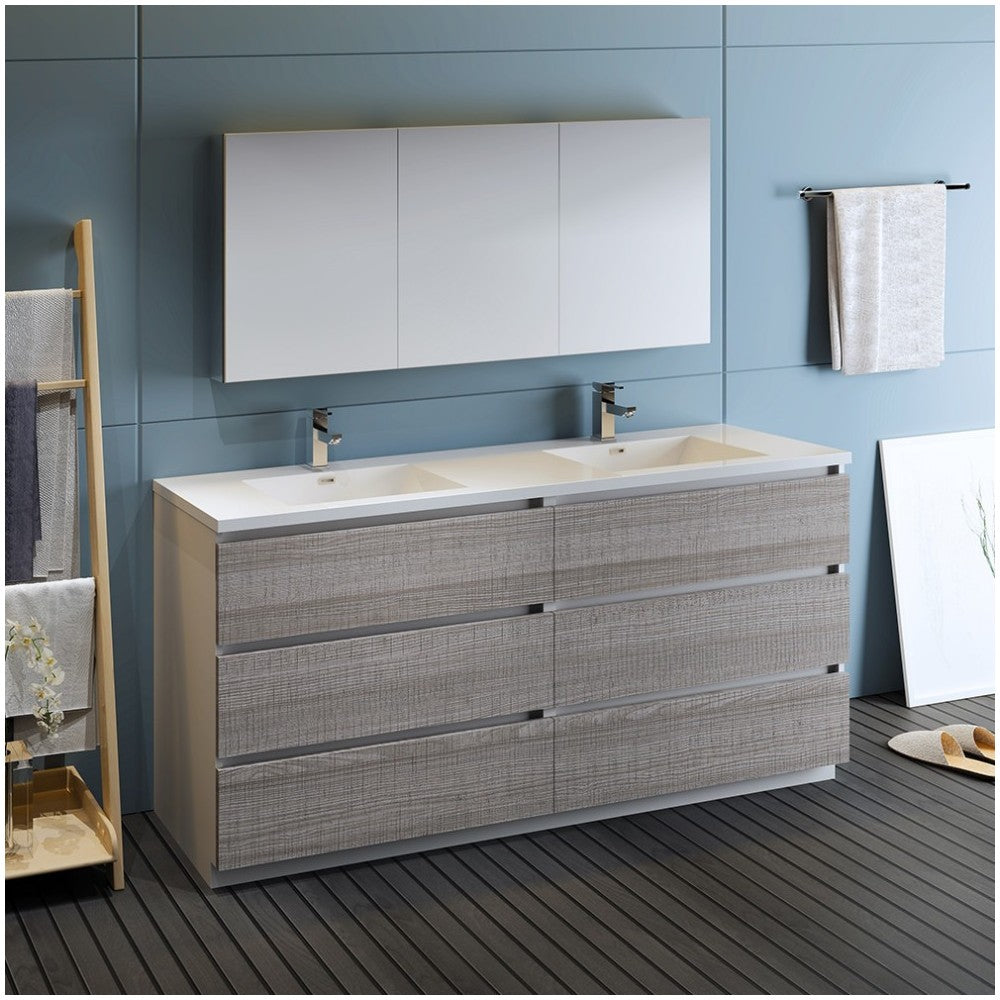 72 Gray Free Standing Dbl Sink Bathroom Vanity, Medicine Cabinet, FVN93-3636HA-D