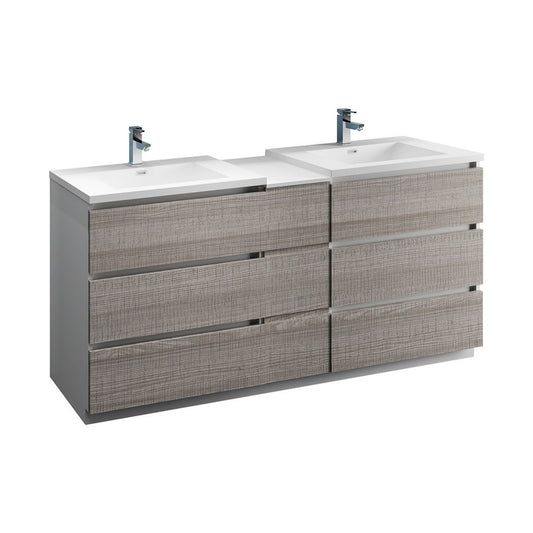 72 Gray Free Standing Dbl Sink Modern Bathroom Cabinet, Integrated Sinks, Senza