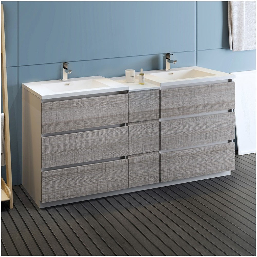 72 Gray Free Standing Dbl Sink Modern Bathroom Cabinet, Integrated Sinks, Senza
