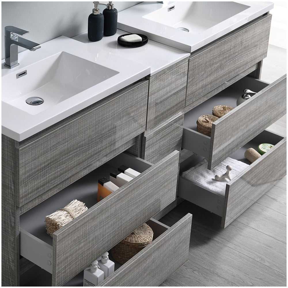 72 Gray Free Standing Dbl Sink Modern Bathroom Cabinet, Integrated Sinks, Senza