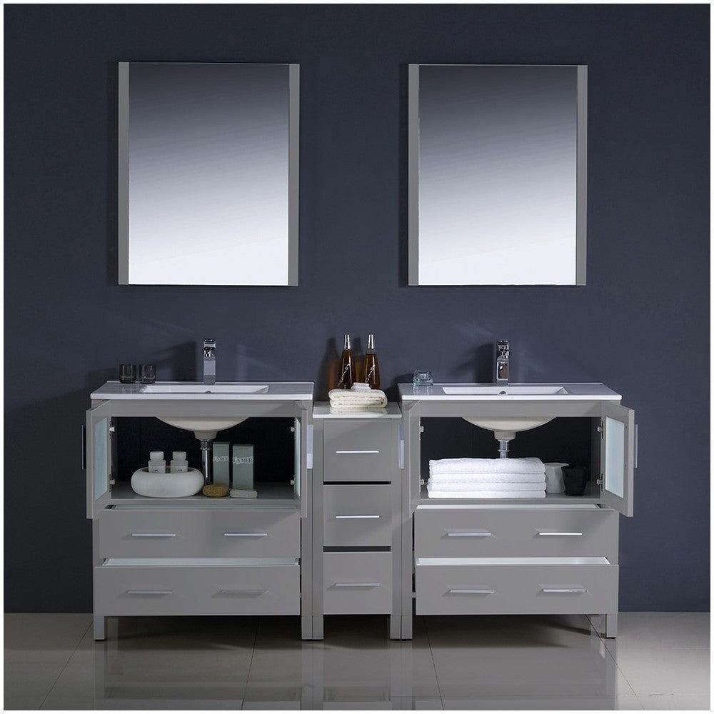 72 Gray Modern Double Sink Bathroom Vanity w/ Side Cabinet & Integrated Sinks