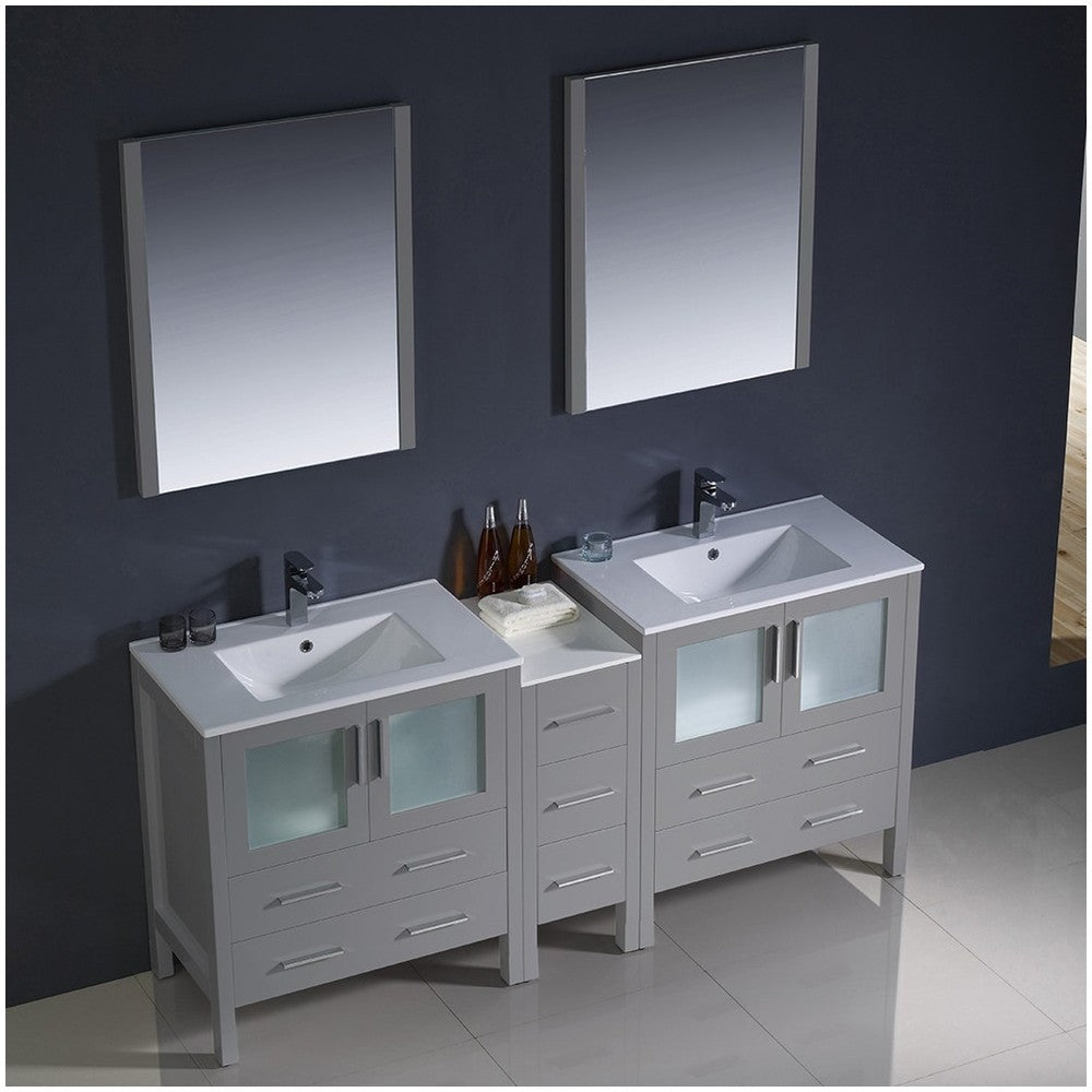 72 Gray Modern Double Sink Bathroom Vanity w/ Side Cabinet & Integrated Sinks