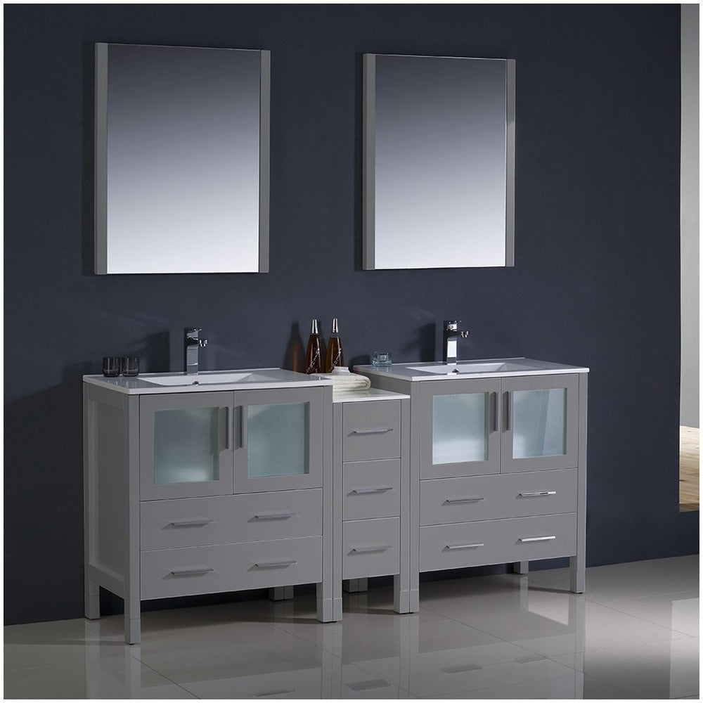 72 Gray Modern Double Sink Bathroom Vanity w/ Side Cabinet & Integrated Sinks