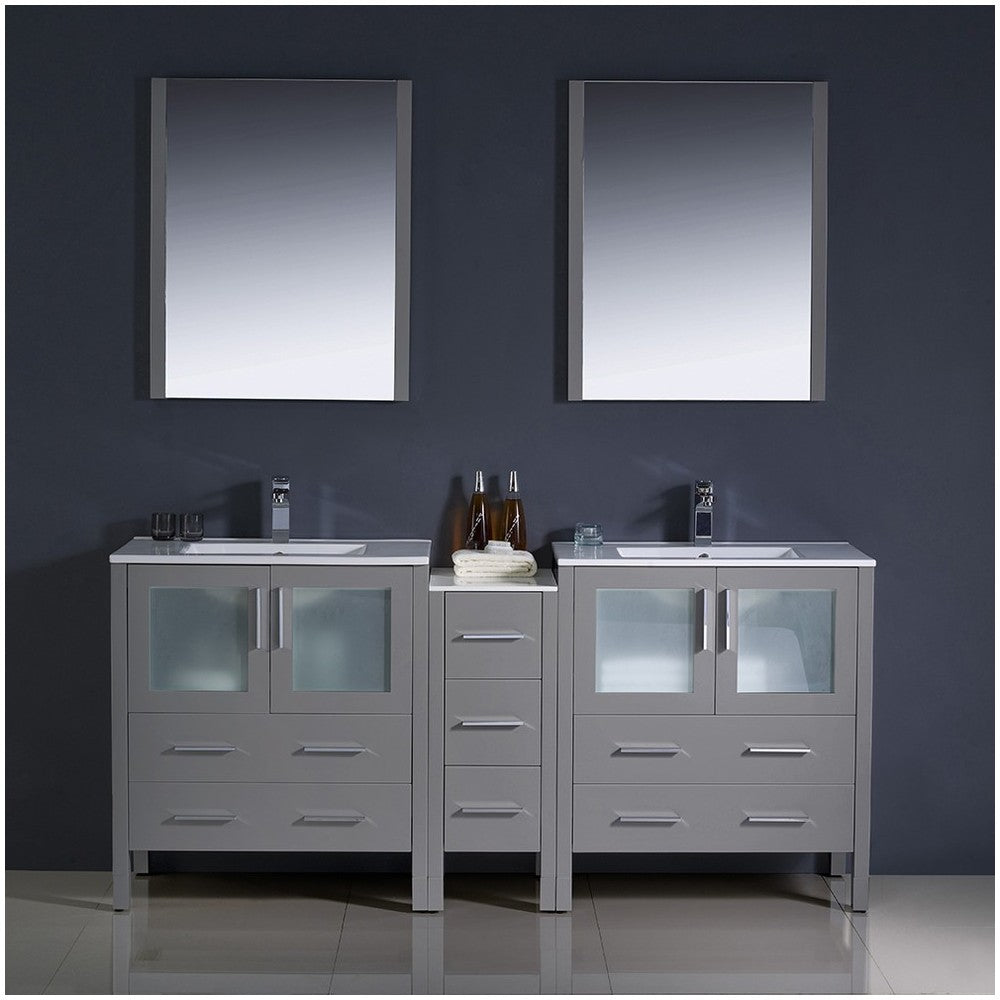 72 Gray Modern Double Sink Bathroom Vanity w/ Side Cabinet & Integrated Sinks