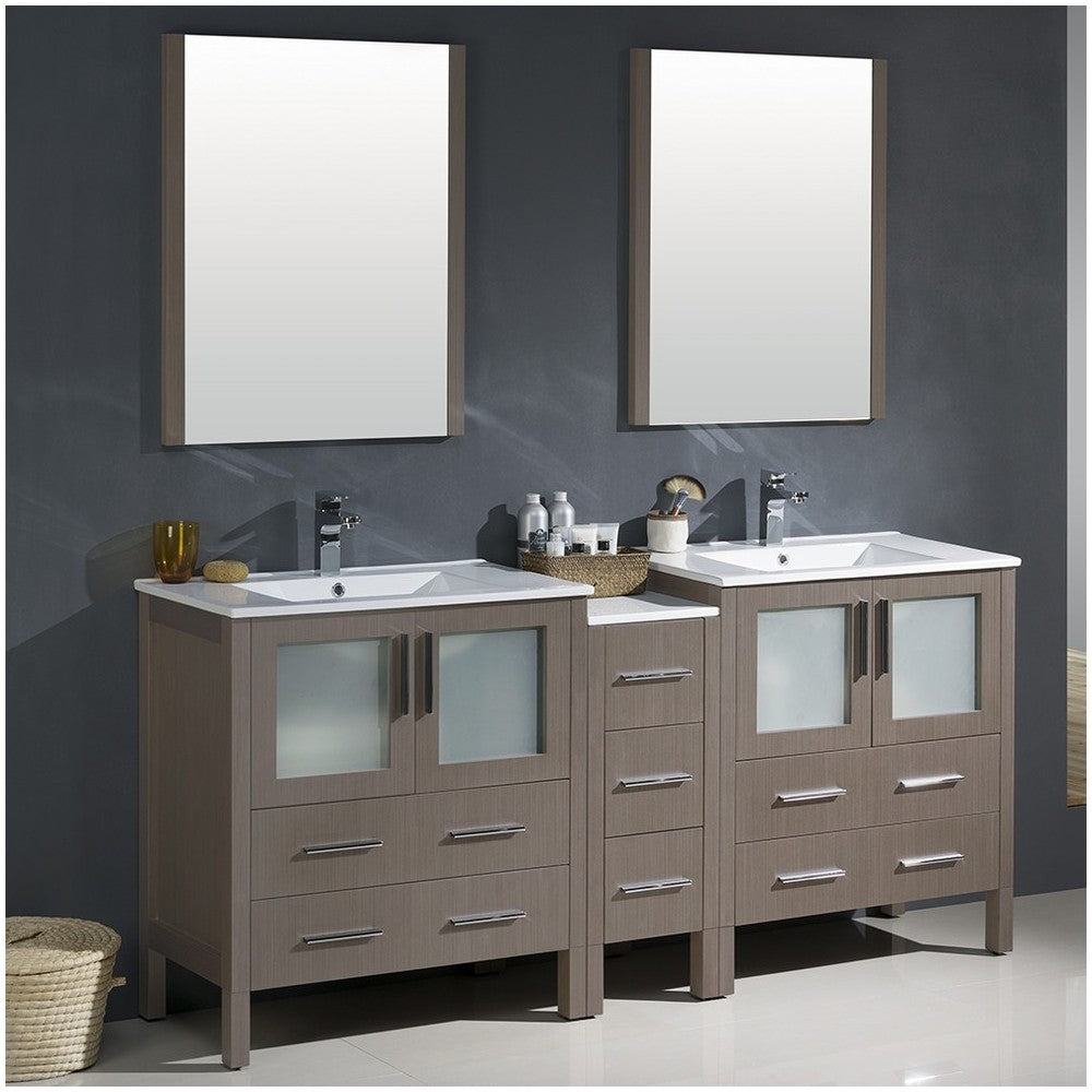 72 Gray Oak Double Sink Bathroom Vanity w/ Side Cabinet & Integrated Sinks