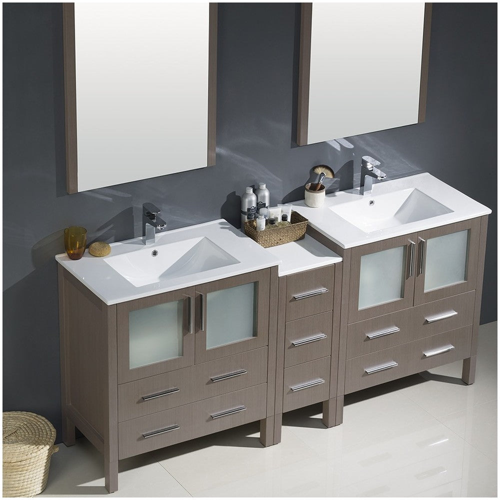 72 Gray Oak Double Sink Bathroom Vanity w/ Side Cabinet & Integrated Sinks