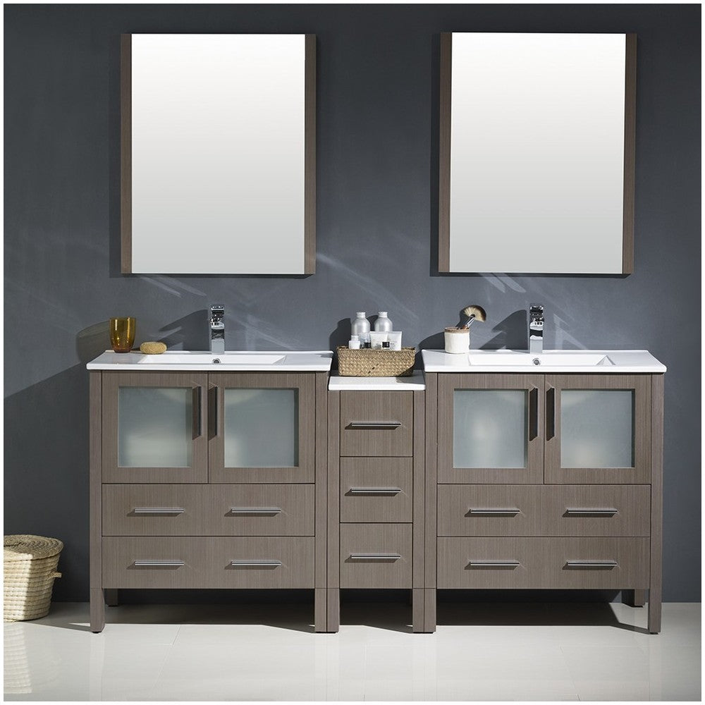 72 Gray Oak Double Sink Bathroom Vanity w/ Side Cabinet & Integrated Sinks