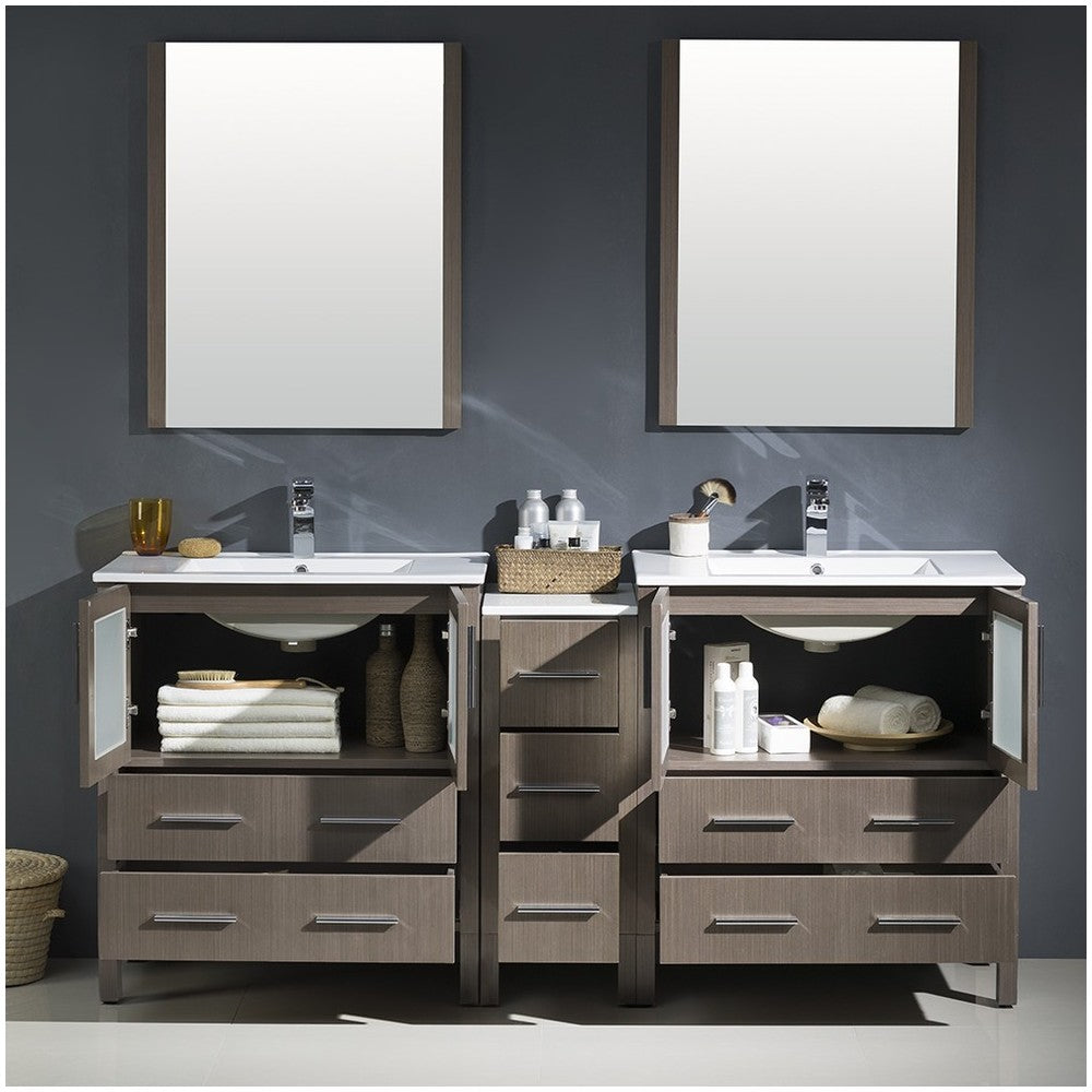 72 Gray Oak Double Sink Bathroom Vanity w/ Side Cabinet & Integrated Sinks