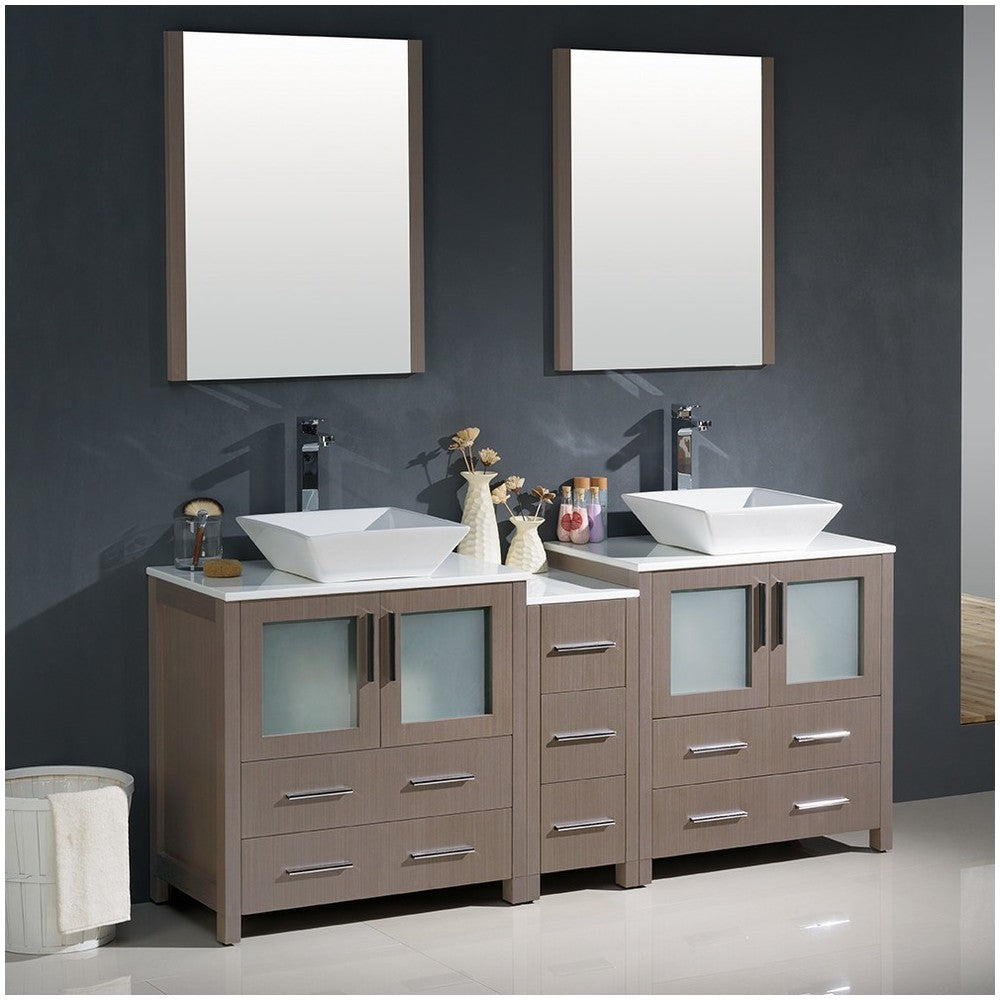 72 Gray Oak Modern Double Sink Bathroom Vanity w/ Side Cabinet & Vessel Sinks