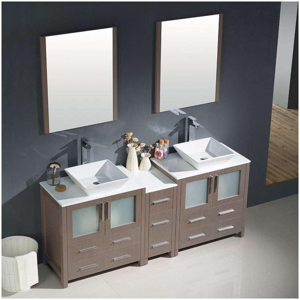 72 Gray Oak Modern Double Sink Bathroom Vanity w/ Side Cabinet & Vessel Sinks